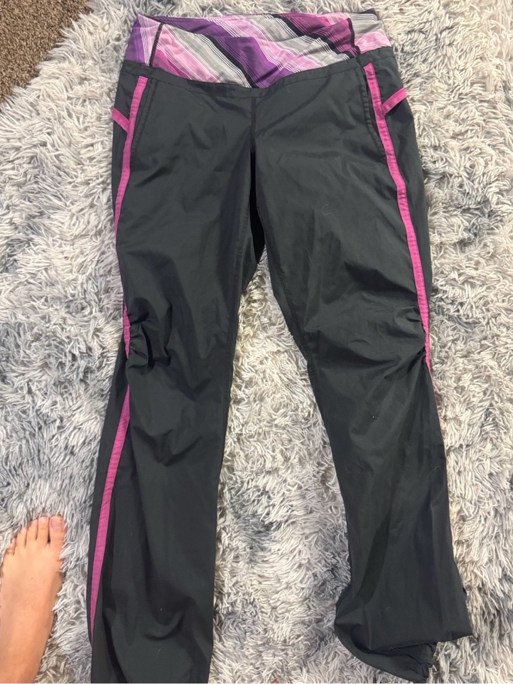 lululemon athletica Black Pants with Pink Trim and Purple Patterned Waistband
